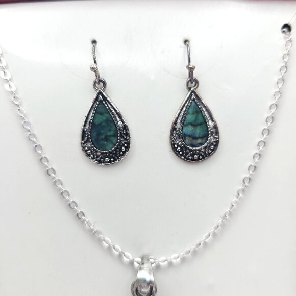 Silver Tone Necklace & Earring Set Faux Mother Of Pearl Enamel - Picture 2 of 13